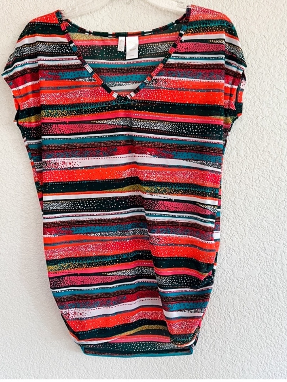 Anne Cole Soft Mesh Stripe  V-Neck Striped Short Sleeve Top Swim Coverup